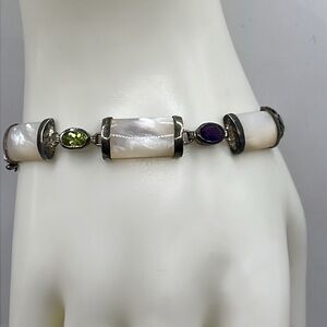 Chinese Mother of Pearl, Citrine, Garnet, Amethyst and sterling 7 inch bracelet